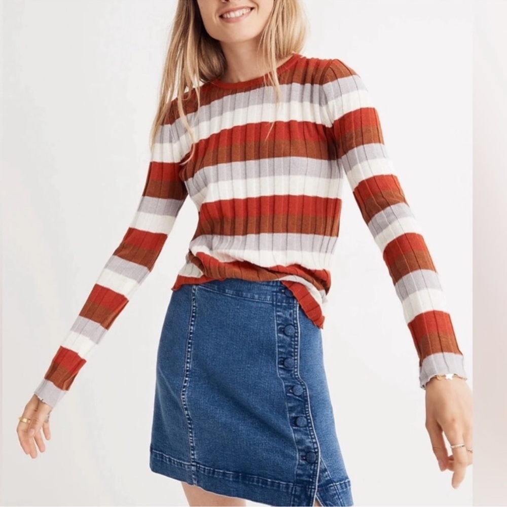 Madewell Sweater Clarkwell Pullover Ribbed Knit White Orange Long Sleeve Striped